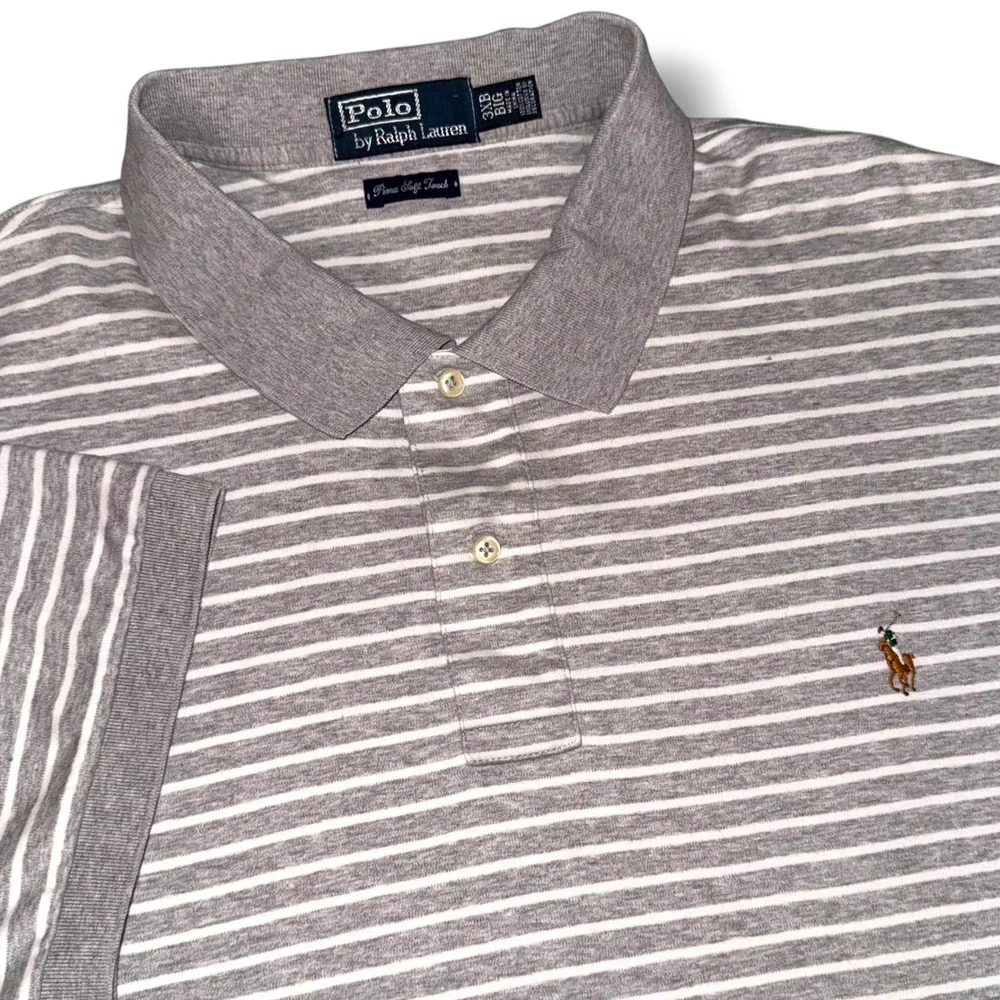 Polo Ralph Lauren Polo Shirt Mens 3XB Grey White Striped Pima Soft Touch Logo